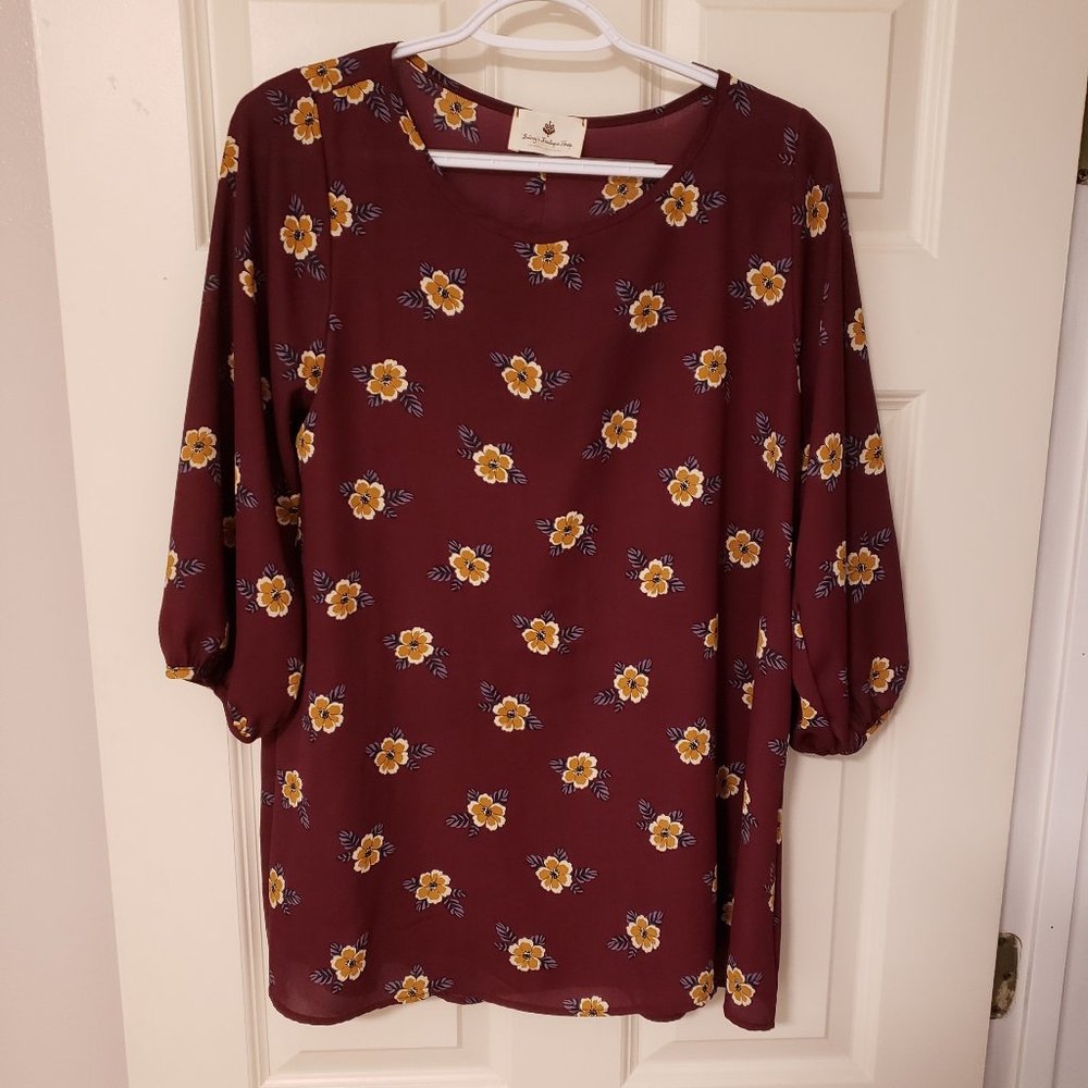 NWOT Betsey's Boutique Shop Maroon Floral Blouse